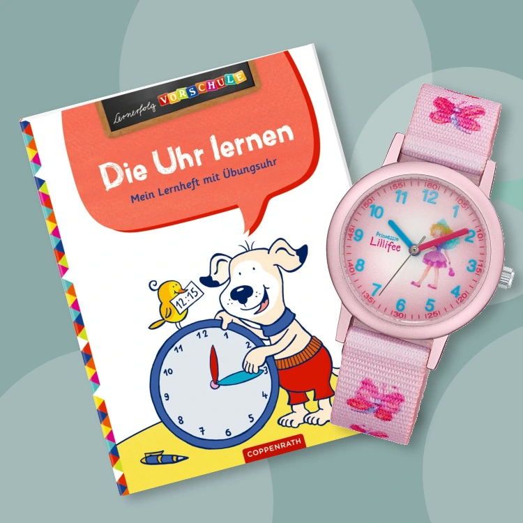 Grundschul-Lernbuch "Die Uhr lernen" und Prinzessin Lillifee Armbanduhr auf weißem Hintergrund