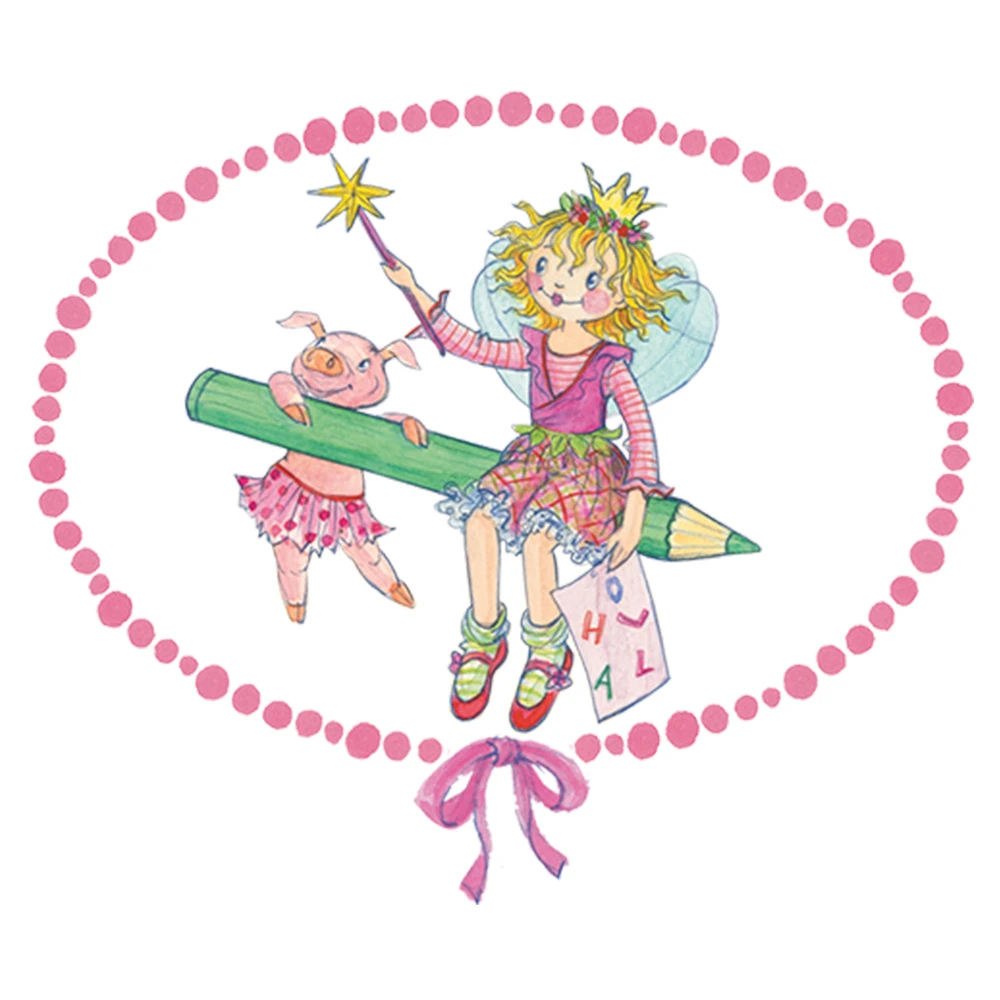 gezeichnetes Schwein im Rock hängt an einem schwebenden Buntstift auf dem eine kleine Prinzessin mit Zauberstab sitzt